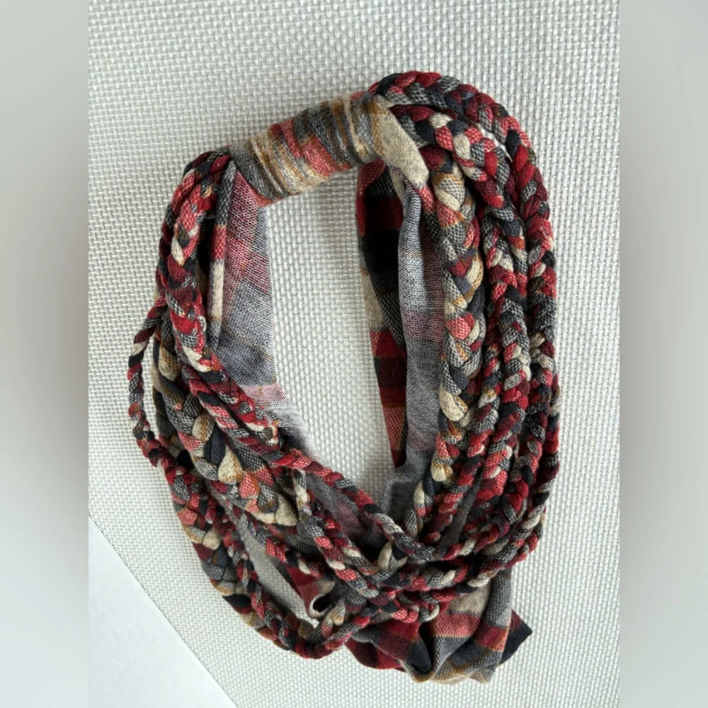 Banded 2gether Plaid braided infinity scarf Brown Red Tan